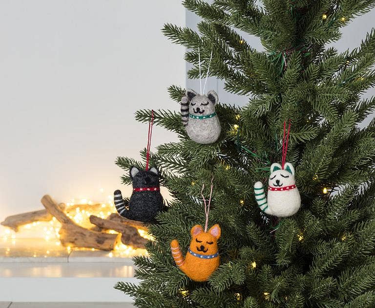 Felt wool smiling cat ornament, alternate view, from The Ruddy Duck in Whitefish, Montana