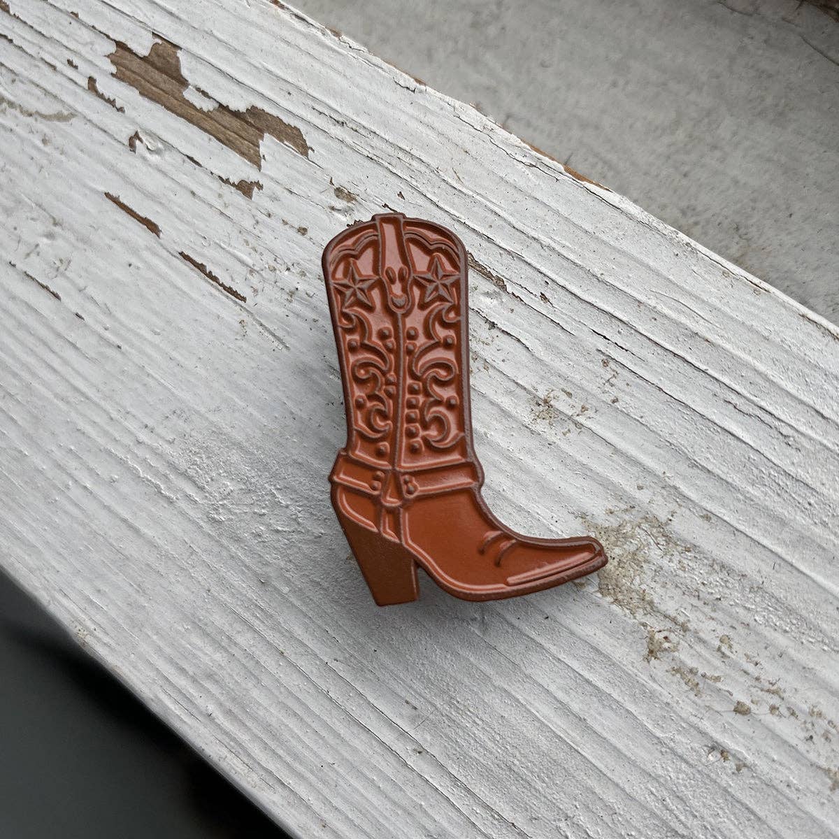 Boots enamel pin, 1.25 inch brown soft enamel boot pin by Nate Duval, from The Ruddy Duck in Whitefish, Montana
