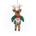 Handmade felt reindeer Christmas ornament in green BFF sweater with Santa face, from The Ruddy Duck in Whitefish, Montana