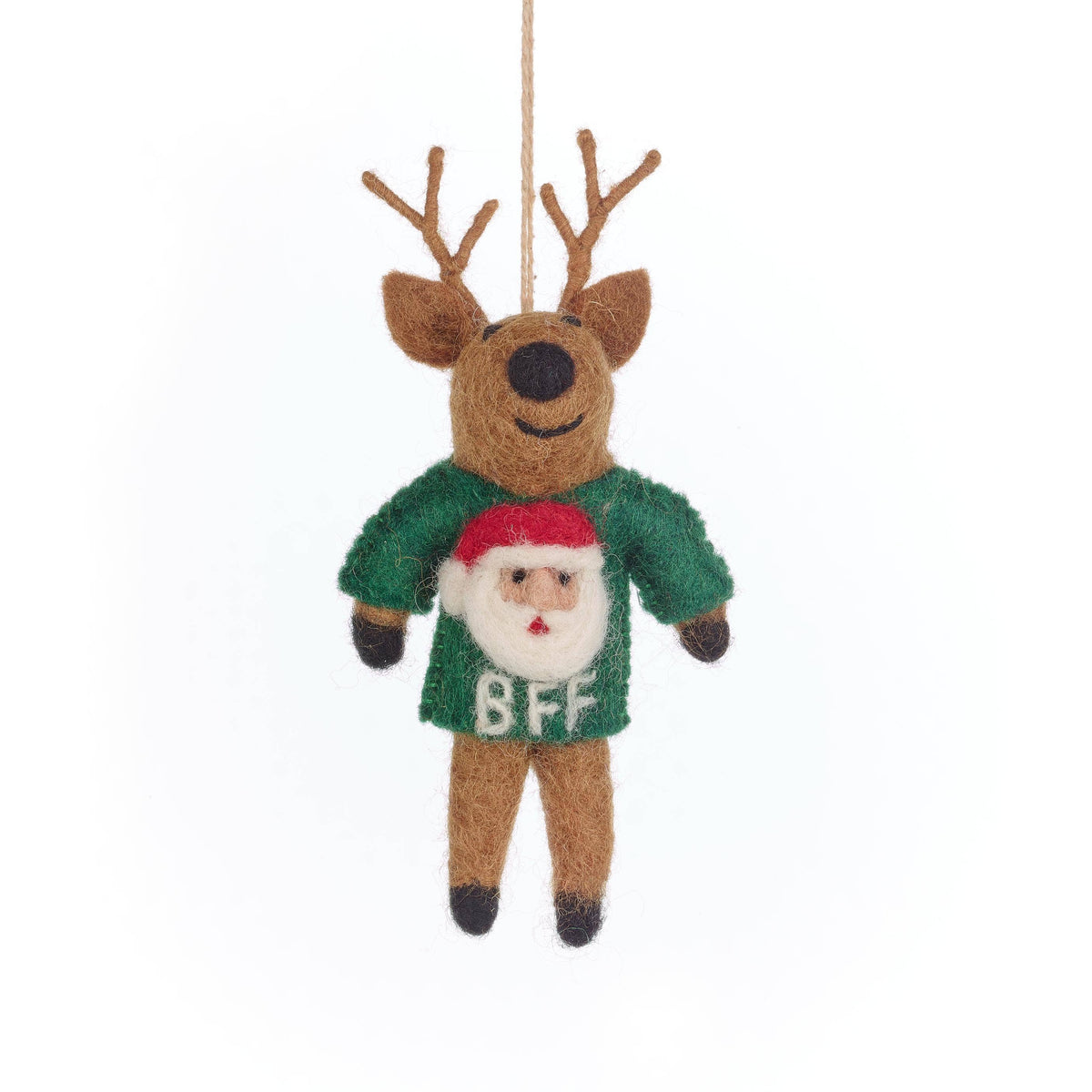 Handmade felt reindeer Christmas ornament in green BFF sweater with Santa face, from The Ruddy Duck in Whitefish, Montana