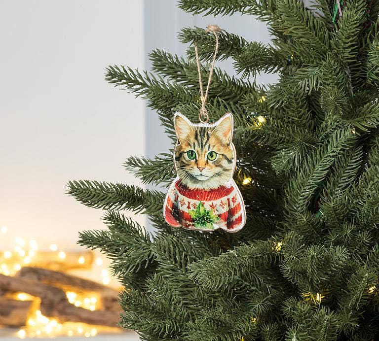 Tabby Cat in Sweater - Metal Christmas Ornament