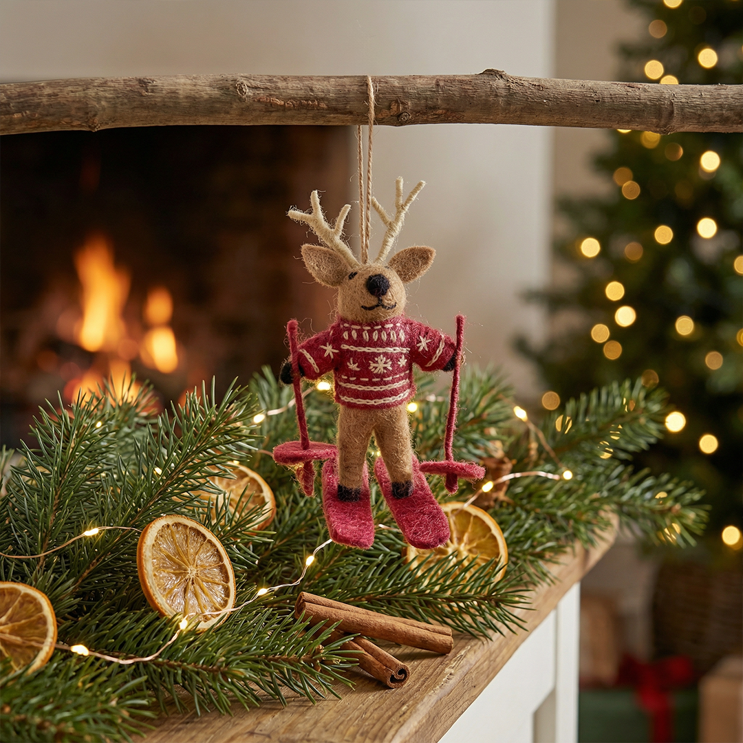 Blitzen the Skiing Reindeer - Felt Wool Ornament