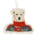 Fabric polar bear Christmas ornament in knit orange turtleneck sweater holding cocoa, from The Ruddy Duck in Whitefish, Montana