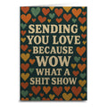 Card with colorful hearts and text on a dark background