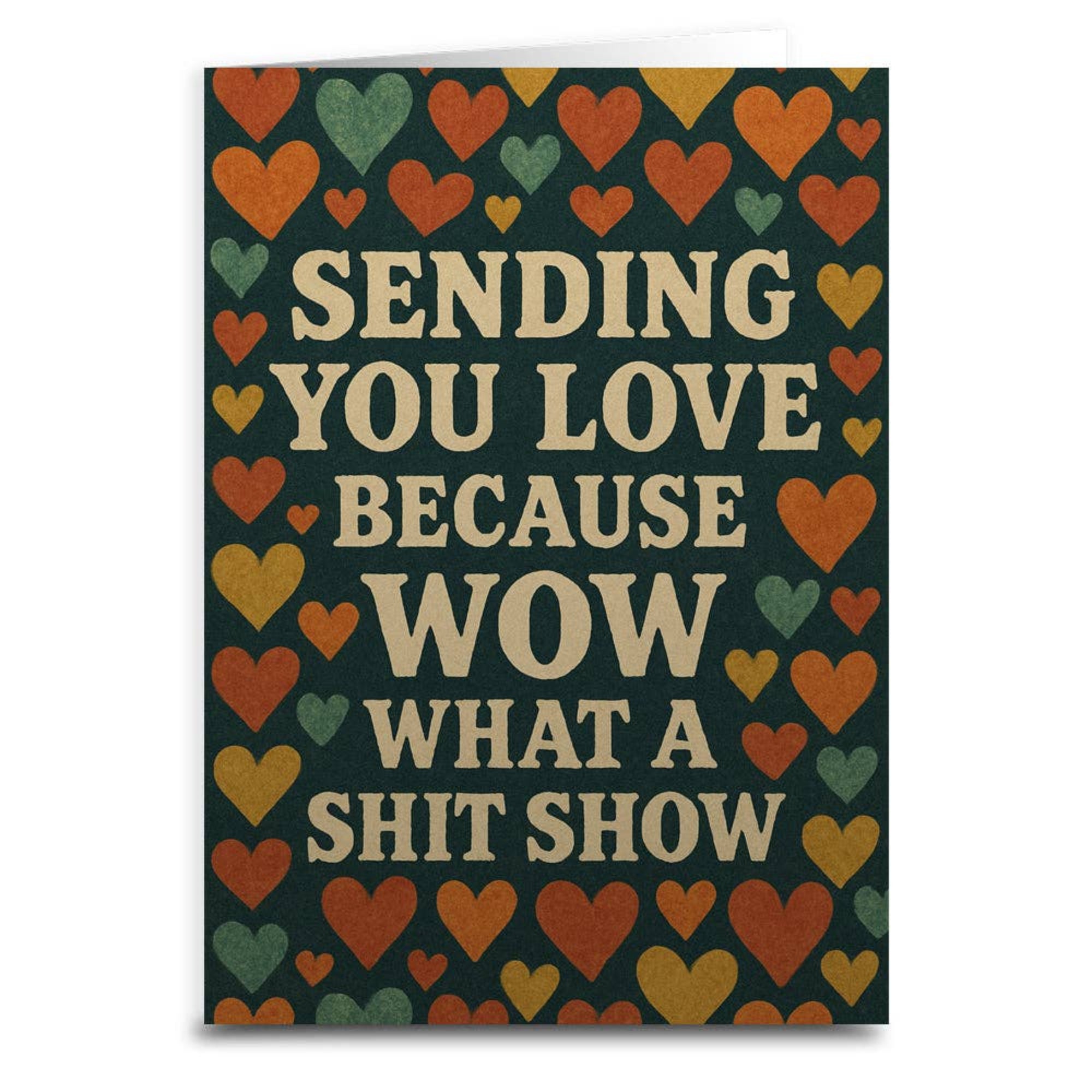 Card with colorful hearts and text on a dark background