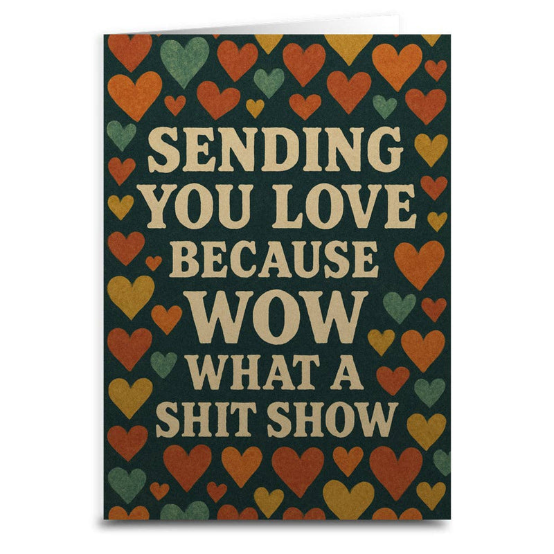Card with colorful hearts and text on a dark background