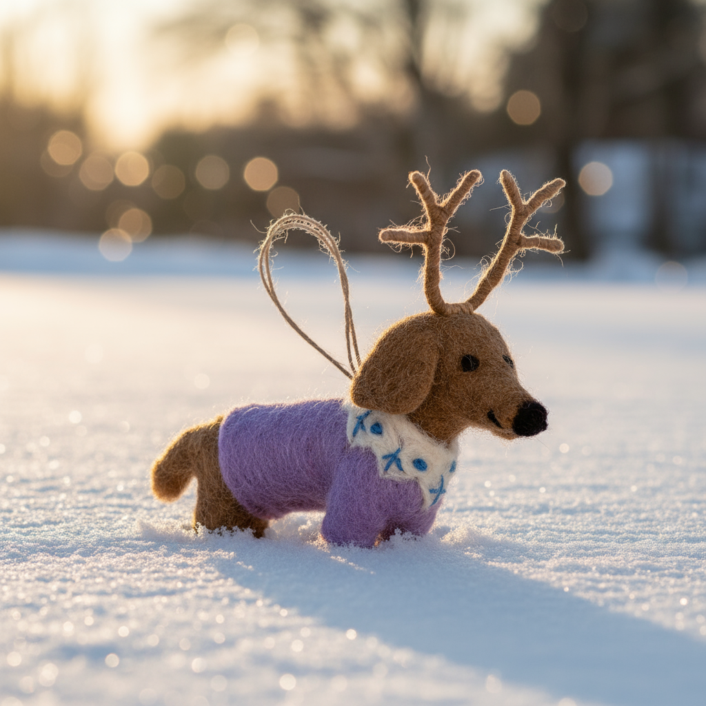 Handmade felt dachshund Christmas ornament with reindeer antlers, from The Ruddy Duck in Whitefish, Montana