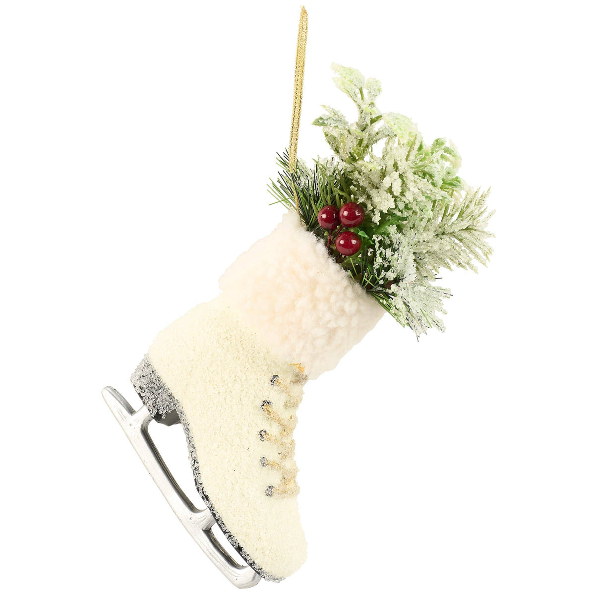 Vintage-style white ice skate Christmas ornament, alternate view, from The Ruddy Duck in Whitefish, Montana