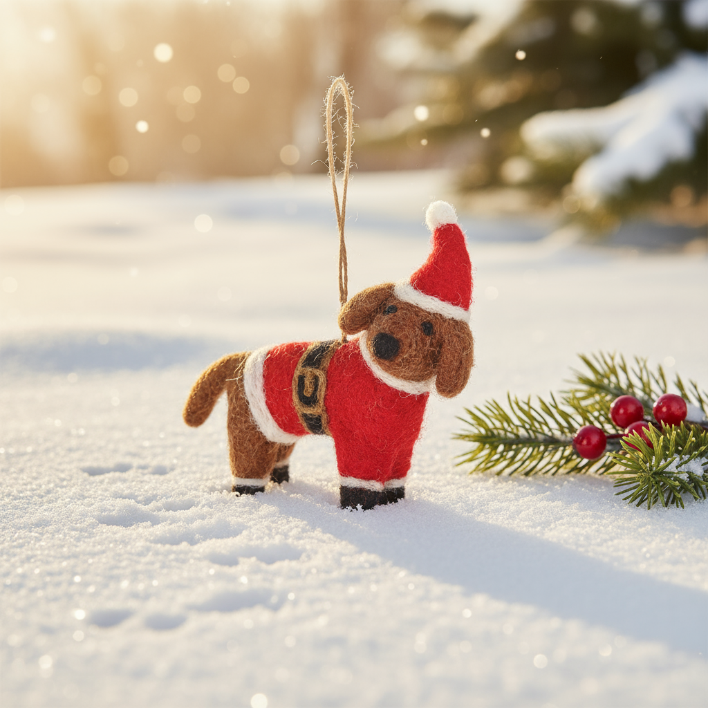 Handmade felt dog Christmas ornament in festive outfit, from The Ruddy Duck in Whitefish, Montana