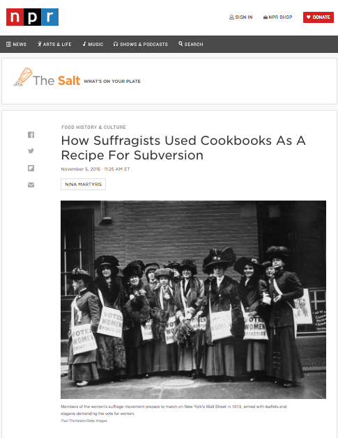 NPR article about how suffragists used cookbooks as a recipe for subversion