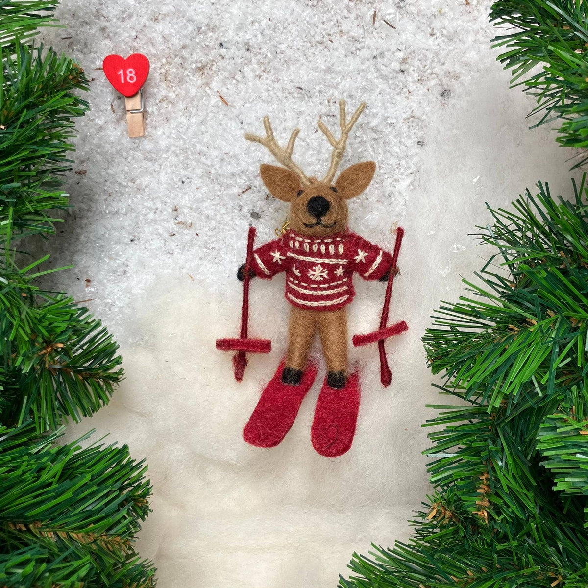 Blitzen the Skiing Reindeer - Felt Wool Ornament