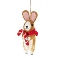 Handmade felt bunny Christmas ornament with knitted scarf and candy cane, from The Ruddy Duck in Whitefish, Montana