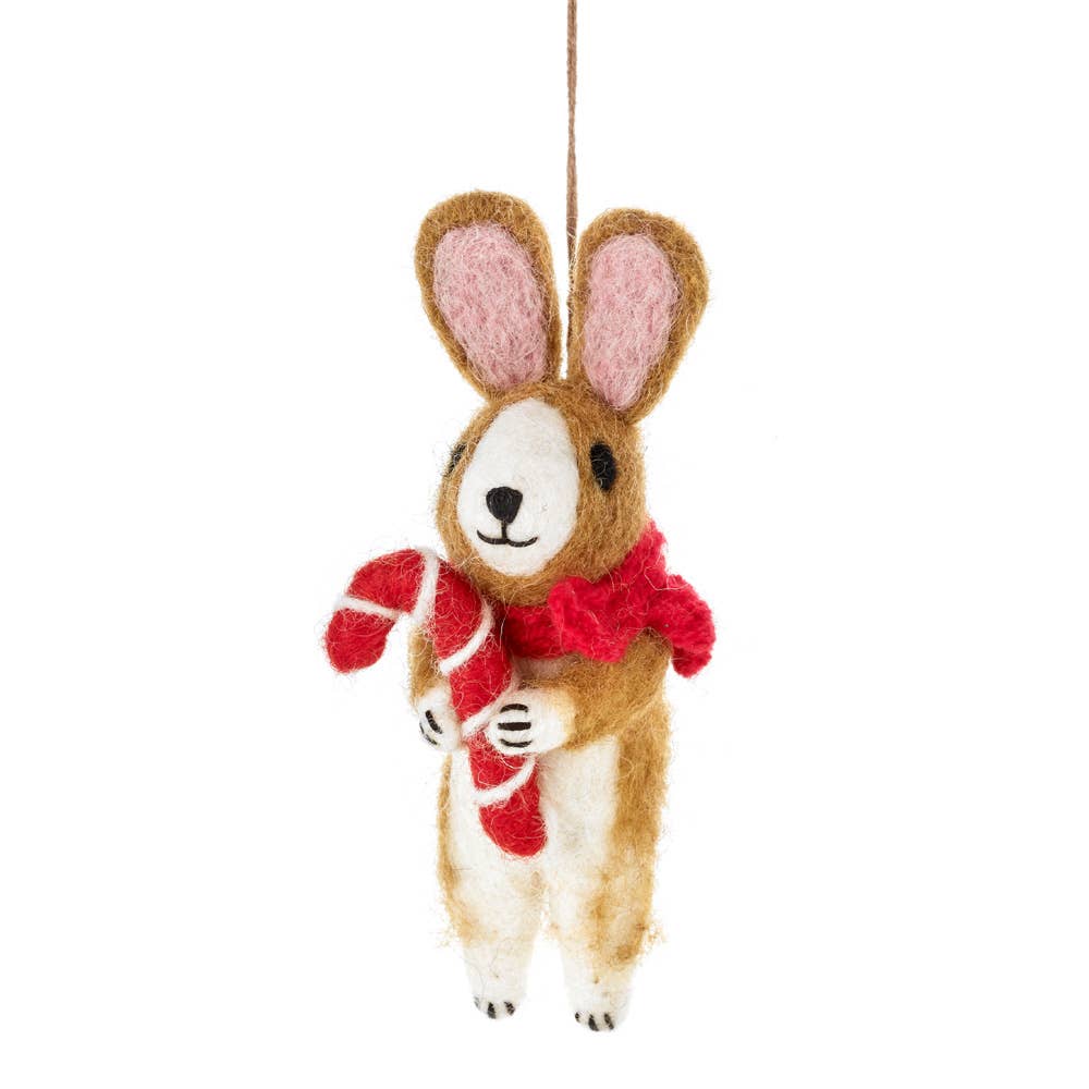 Handmade felt bunny Christmas ornament with knitted scarf and candy cane, from The Ruddy Duck in Whitefish, Montana