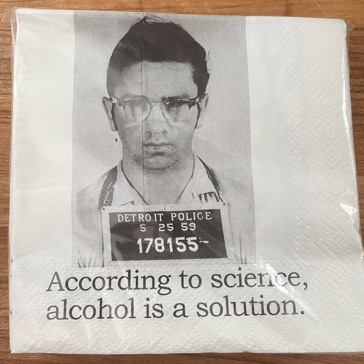 Alcohol Is a Solution funny mugshot cocktail napkins, pack of 20, from The Ruddy Duck in Whitefish, Montana