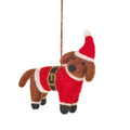 Handmade felt dog Christmas ornament in festive outfit, from The Ruddy Duck in Whitefish, Montana
