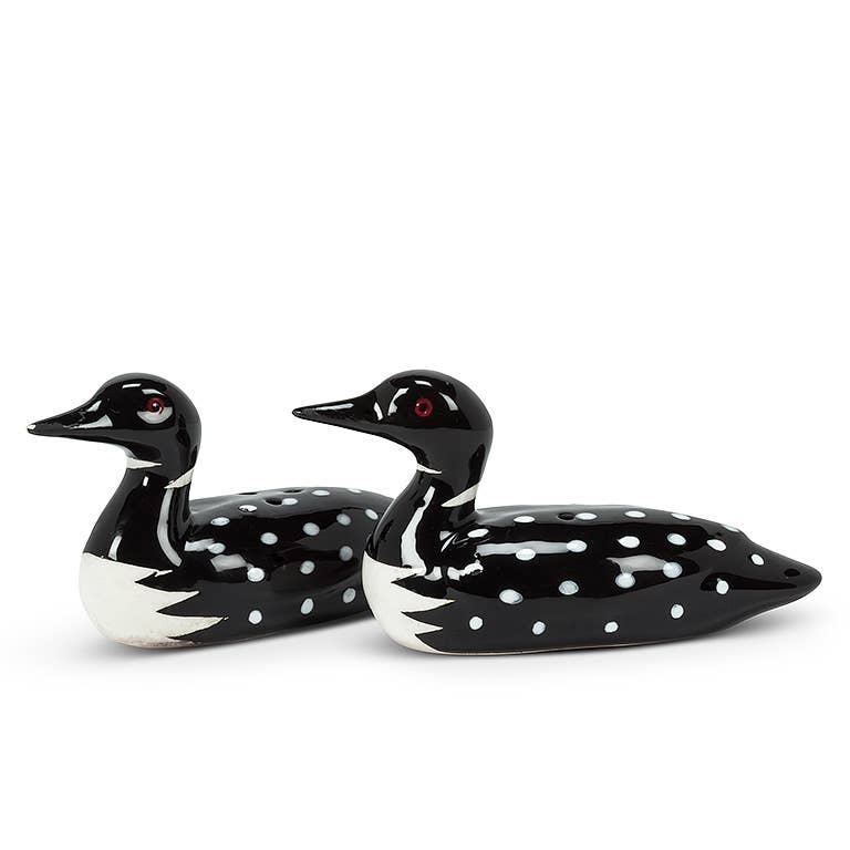 Black and white ceramic loon salt and pepper shakers, from The Ruddy Duck in Whitefish, Montana