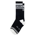 Groom gym crew socks with GROOM knit in bold letters, by Gumball Poodle, from The Ruddy Duck in Whitefish, Montana