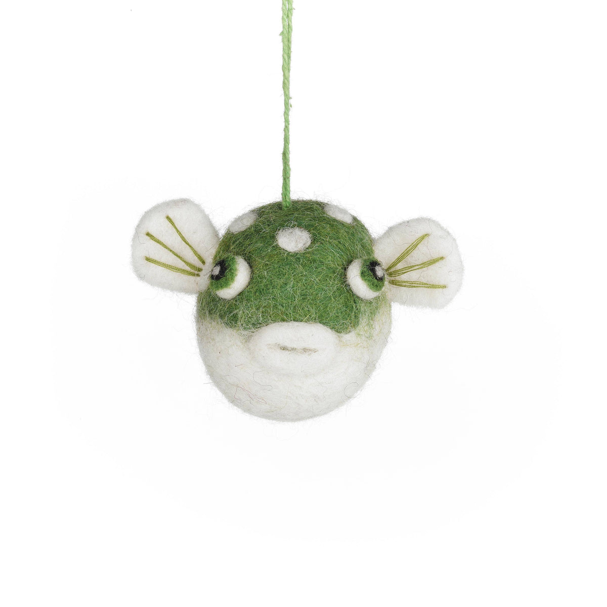 Handmade felt puffer fish ornament with bobble eyes, from The Ruddy Duck in Whitefish, Montana