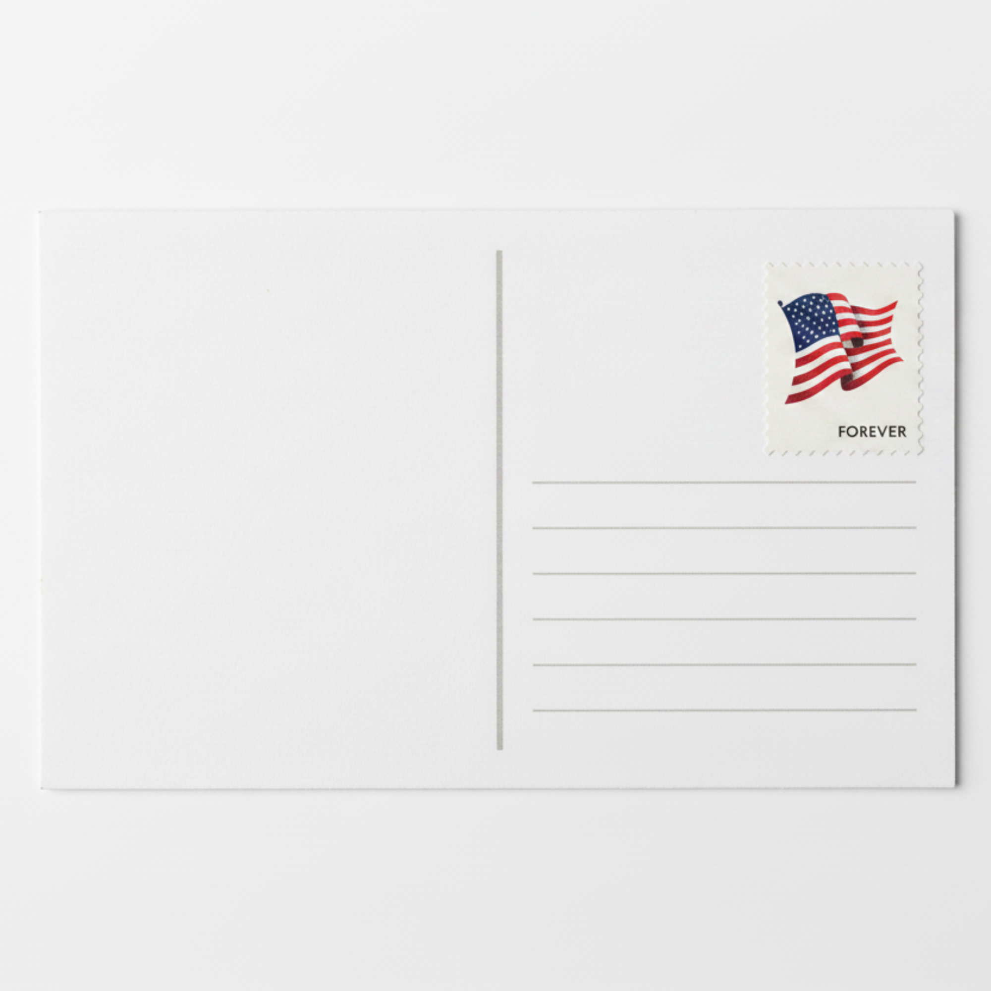 White postcard with American flag design and 'Forever' text on a white background