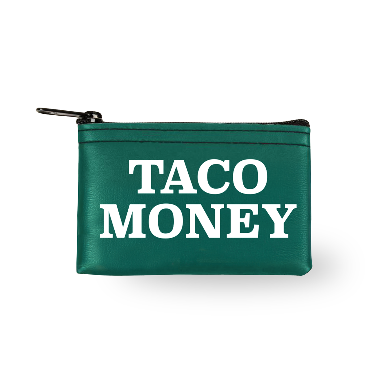 Taco Money green zippered coin pouch with white block lettering, from The Ruddy Duck in Whitefish, Montana