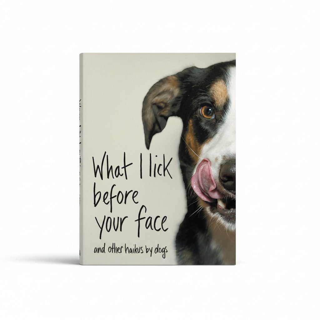 The Ruddy Duck hardcover book "What I Lick Before Your Face" features a close-up of a dog licking its nose.